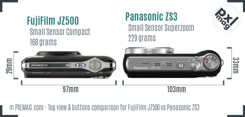FujiFilm JZ500 vs Panasonic ZS3 top view buttons comparison