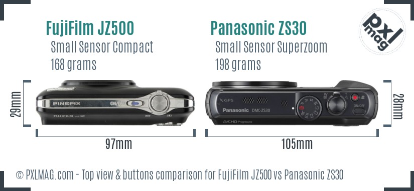 FujiFilm JZ500 vs Panasonic ZS30 top view buttons comparison
