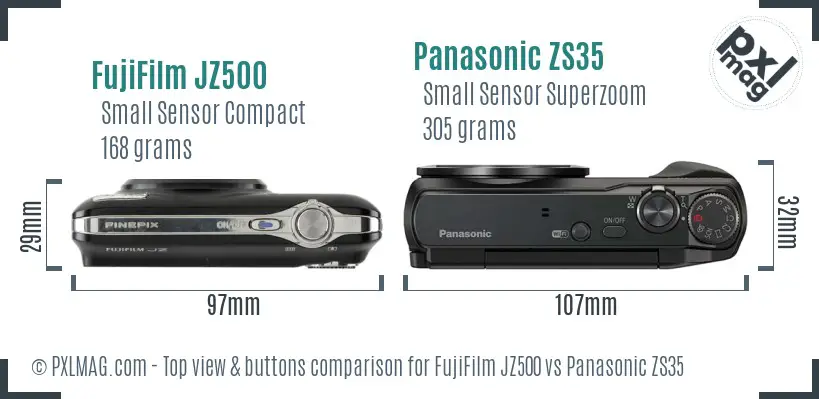 FujiFilm JZ500 vs Panasonic ZS35 top view buttons comparison