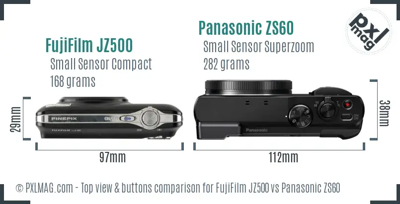 FujiFilm JZ500 vs Panasonic ZS60 top view buttons comparison
