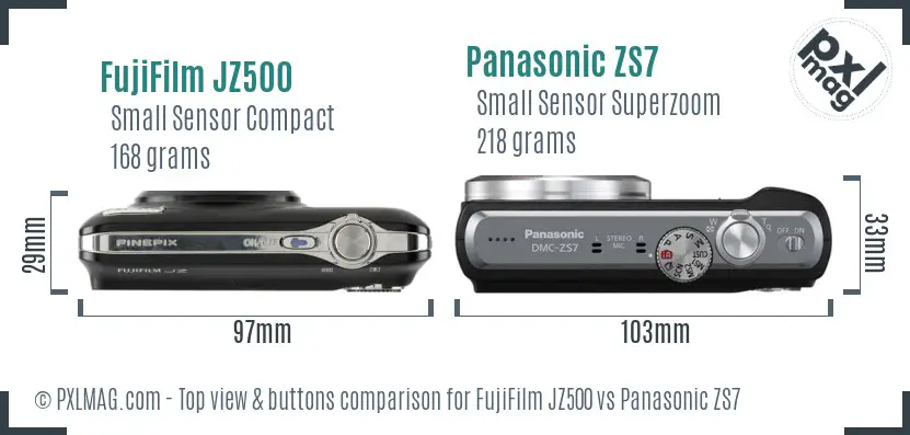FujiFilm JZ500 vs Panasonic ZS7 top view buttons comparison