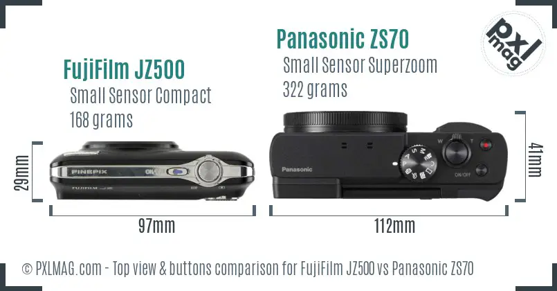 FujiFilm JZ500 vs Panasonic ZS70 top view buttons comparison