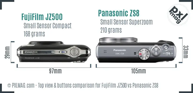 FujiFilm JZ500 vs Panasonic ZS8 top view buttons comparison FujiFilm JZ500 vs Panasonic ZS8 top view buttons comparison