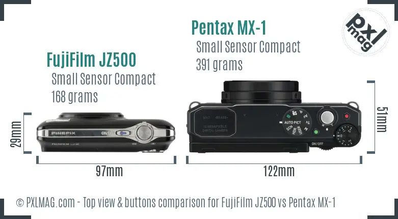 FujiFilm JZ500 vs Pentax MX-1 top view buttons comparison