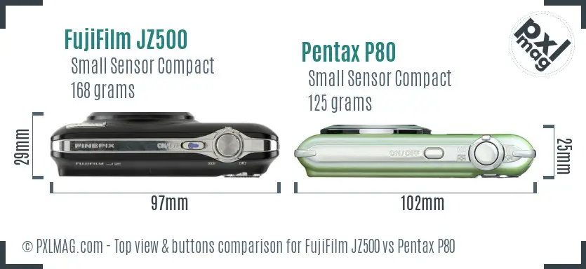 FujiFilm JZ500 vs Pentax P80 top view buttons comparison FujiFilm JZ500 vs Pentax P80 top view buttons comparison