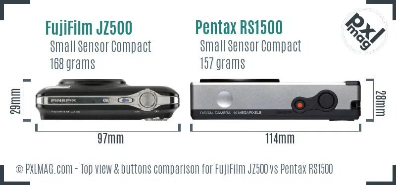 FujiFilm JZ500 vs Pentax RS1500 top view buttons comparison FujiFilm JZ500 vs Pentax RS1500 top view buttons comparison
