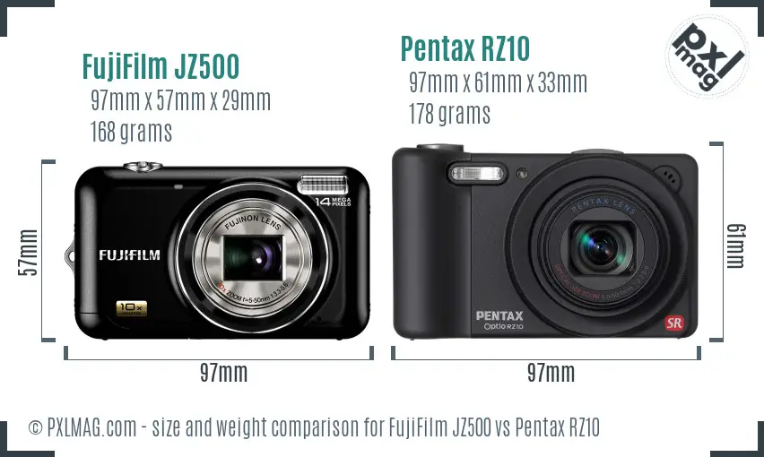 FujiFilm JZ500 vs Pentax RZ10 size comparison