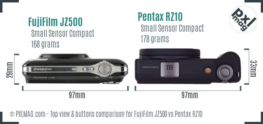 FujiFilm JZ500 vs Pentax RZ10 top view buttons comparison