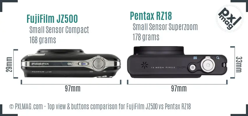 FujiFilm JZ500 vs Pentax RZ18 top view buttons comparison