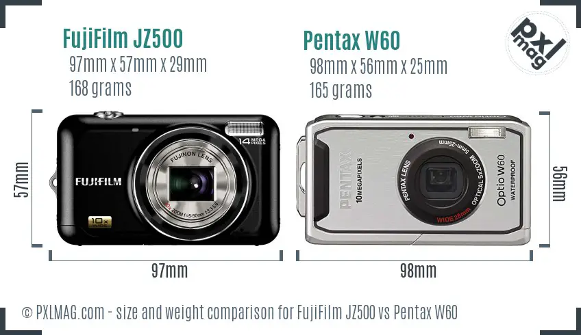FujiFilm JZ500 vs Pentax W60 size comparison