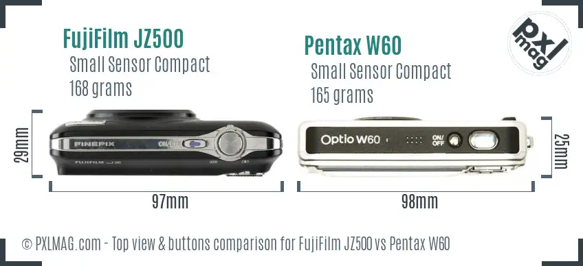 FujiFilm JZ500 vs Pentax W60 top view buttons comparison