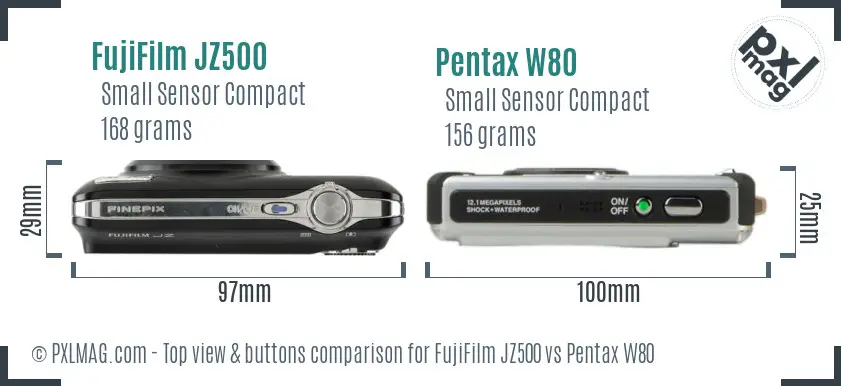 FujiFilm JZ500 vs Pentax W80 top view buttons comparison