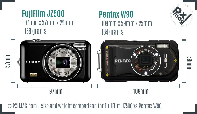 FujiFilm JZ500 vs Pentax W90 size comparison