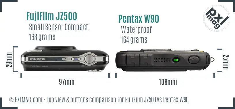 FujiFilm JZ500 vs Pentax W90 top view buttons comparison
