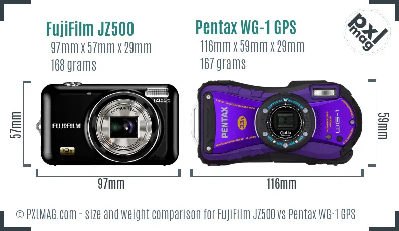 FujiFilm JZ500 vs Pentax WG-1 GPS size comparison
