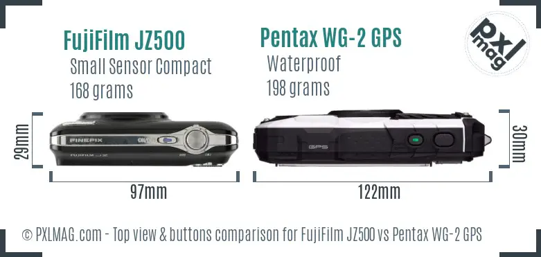 FujiFilm JZ500 vs Pentax WG-2 GPS top view buttons comparison FujiFilm JZ500 vs Pentax WG-2 GPS top view buttons comparison