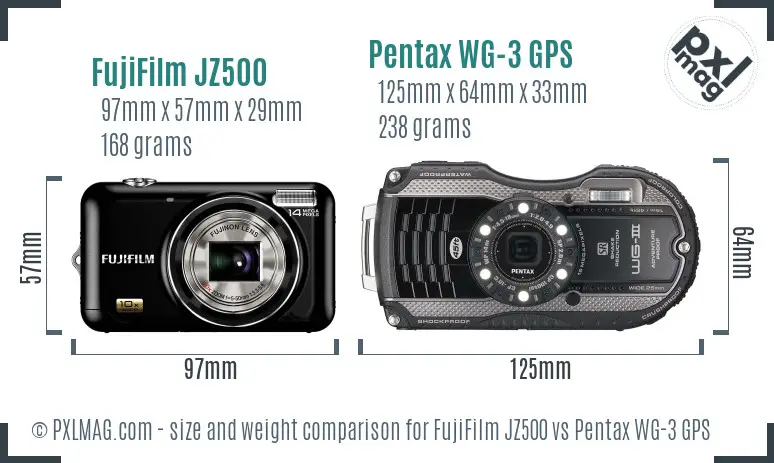 FujiFilm JZ500 vs Pentax WG-3 GPS size comparison FujiFilm JZ500 vs Pentax WG-3 GPS size comparison
