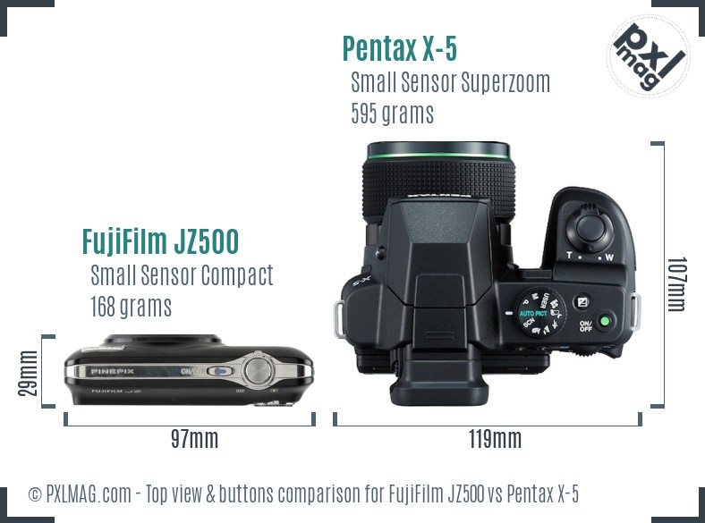 FujiFilm JZ500 vs Pentax X-5 top view buttons comparison