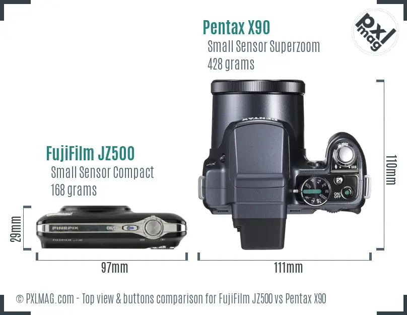 FujiFilm JZ500 vs Pentax X90 top view buttons comparison