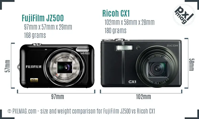 FujiFilm JZ500 vs Ricoh CX1 size comparison FujiFilm JZ500 vs Ricoh CX1 size comparison