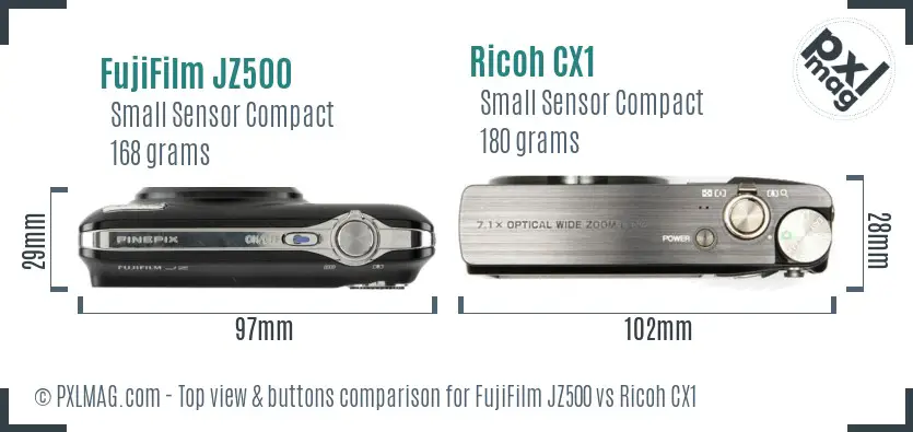 FujiFilm JZ500 vs Ricoh CX1 top view buttons comparison FujiFilm JZ500 vs Ricoh CX1 top view buttons comparison