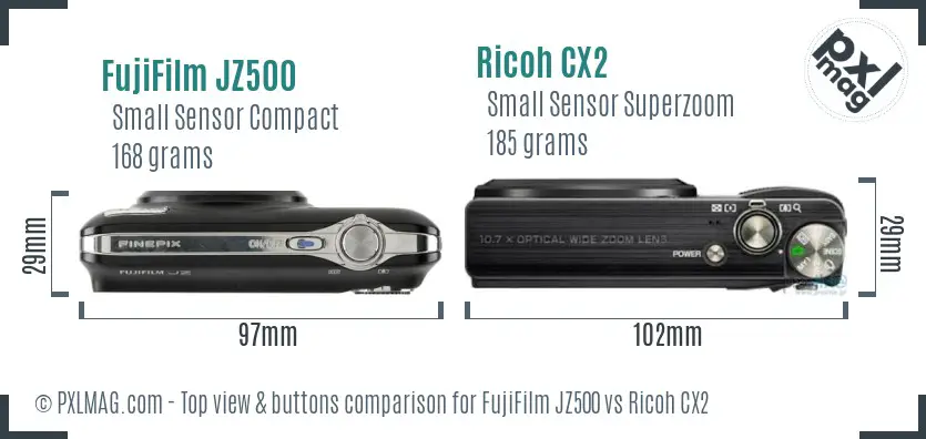 FujiFilm JZ500 vs Ricoh CX2 top view buttons comparison
