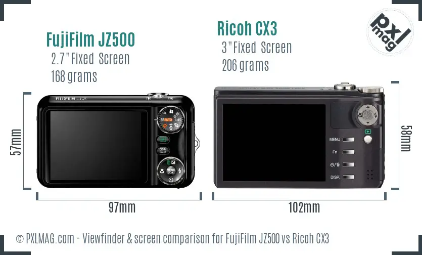 FujiFilm JZ500 vs Ricoh CX3 Screen and Viewfinder comparison