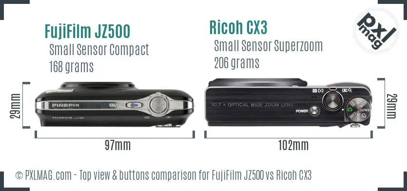 FujiFilm JZ500 vs Ricoh CX3 top view buttons comparison