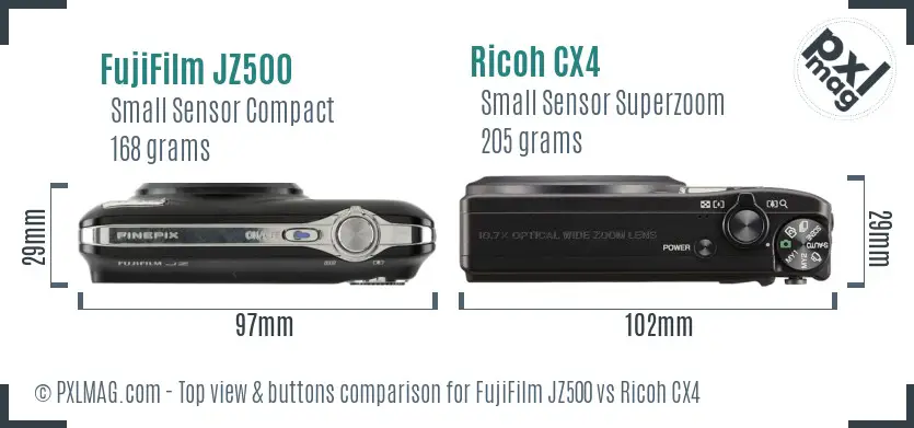 FujiFilm JZ500 vs Ricoh CX4 top view buttons comparison