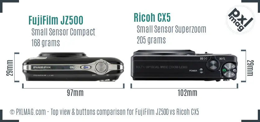 FujiFilm JZ500 vs Ricoh CX5 top view buttons comparison