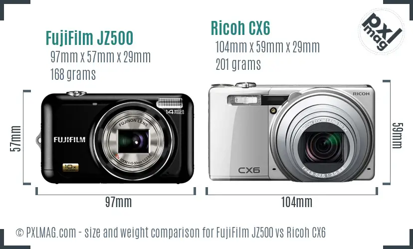 FujiFilm JZ500 vs Ricoh CX6 size comparison