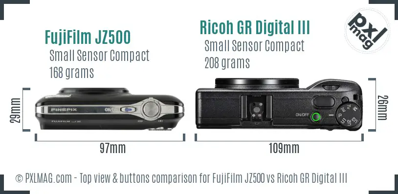 FujiFilm JZ500 vs Ricoh GR Digital III top view buttons comparison FujiFilm JZ500 vs Ricoh GR Digital III top view buttons comparison
