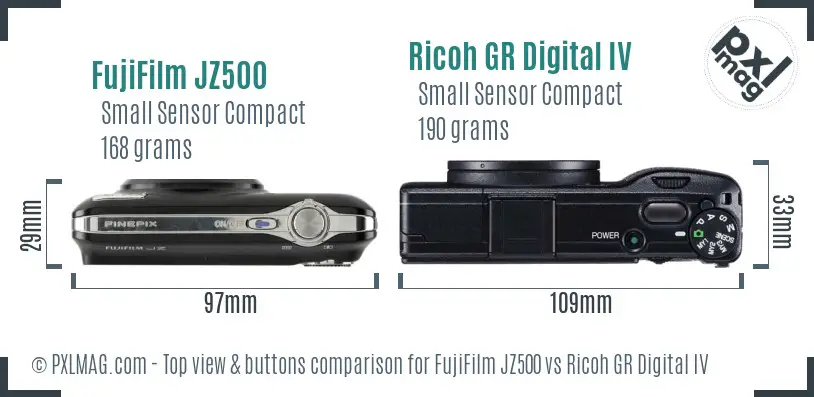 FujiFilm JZ500 vs Ricoh GR Digital IV top view buttons comparison