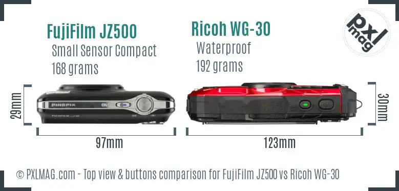 FujiFilm JZ500 vs Ricoh WG-30 top view buttons comparison