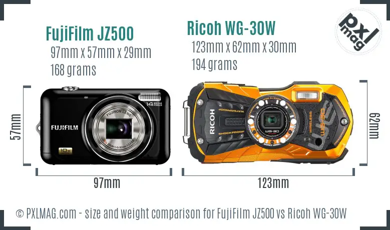 FujiFilm JZ500 vs Ricoh WG-30W size comparison