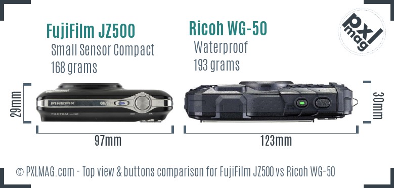FujiFilm JZ500 vs Ricoh WG-50 top view buttons comparison