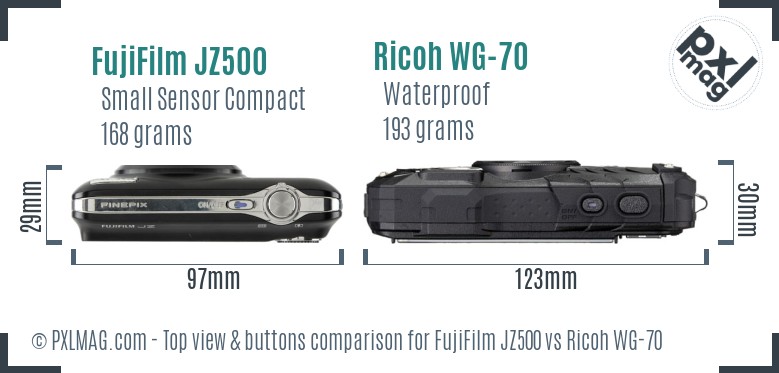 FujiFilm JZ500 vs Ricoh WG-70 top view buttons comparison
