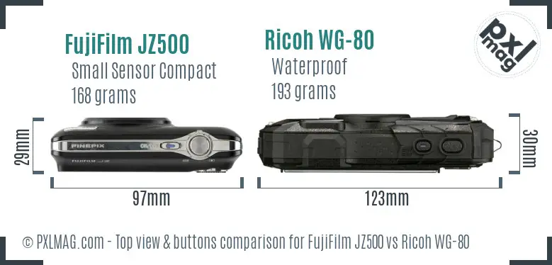 FujiFilm JZ500 vs Ricoh WG-80 top view buttons comparison