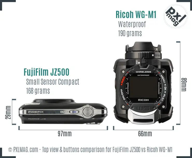 FujiFilm JZ500 vs Ricoh WG-M1 top view buttons comparison