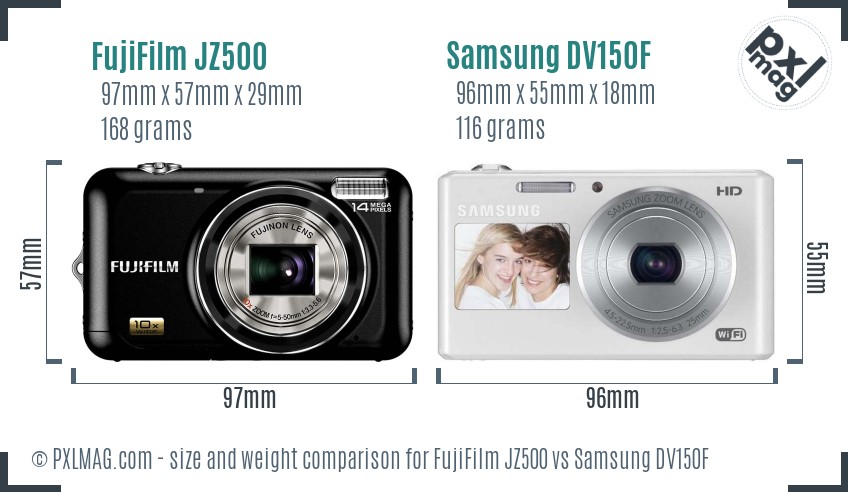 FujiFilm JZ500 vs Samsung DV150F size comparison