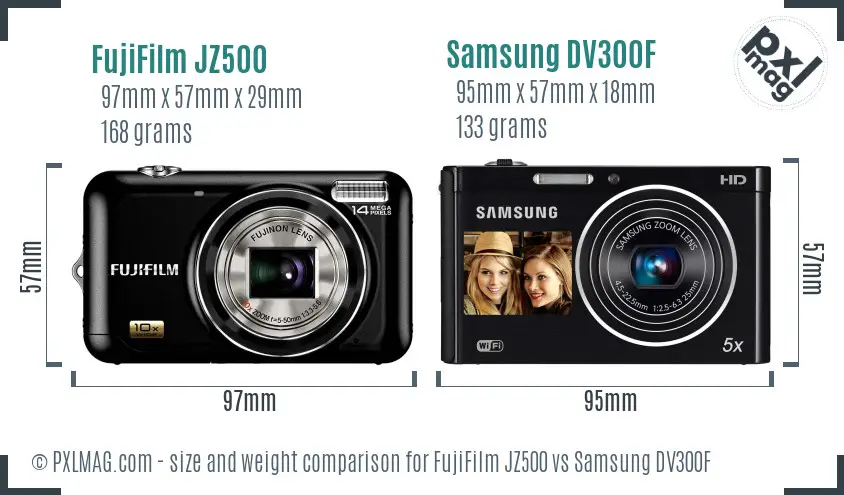 FujiFilm JZ500 vs Samsung DV300F size comparison