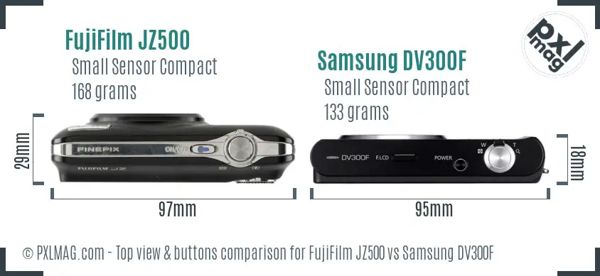 FujiFilm JZ500 vs Samsung DV300F top view buttons comparison