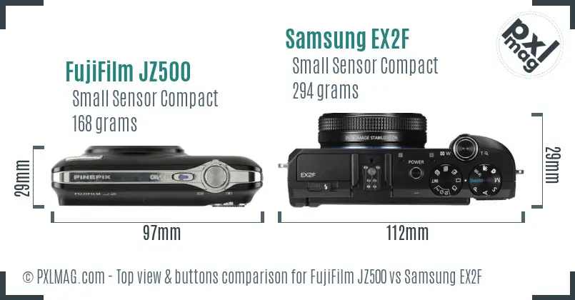 FujiFilm JZ500 vs Samsung EX2F top view buttons comparison