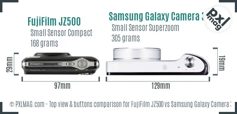 FujiFilm JZ500 vs Samsung Galaxy Camera 3G top view buttons comparison FujiFilm JZ500 vs Samsung Galaxy Camera 3G top view buttons comparison