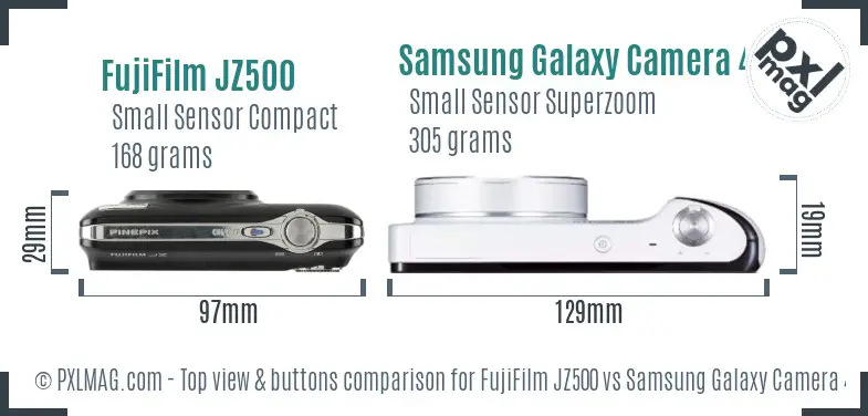 FujiFilm JZ500 vs Samsung Galaxy Camera 4G top view buttons comparison FujiFilm JZ500 vs Samsung Galaxy Camera 4G top view buttons comparison