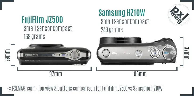 FujiFilm JZ500 vs Samsung HZ10W top view buttons comparison