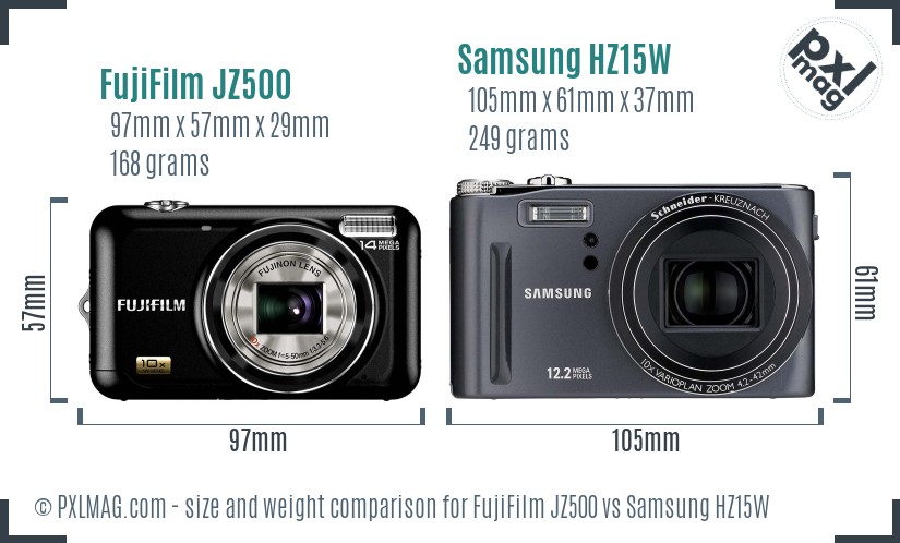 FujiFilm JZ500 vs Samsung HZ15W size comparison FujiFilm JZ500 vs Samsung HZ15W size comparison
