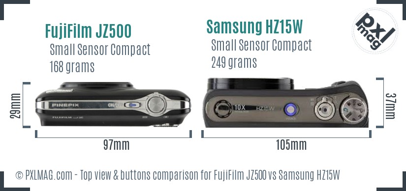 FujiFilm JZ500 vs Samsung HZ15W top view buttons comparison