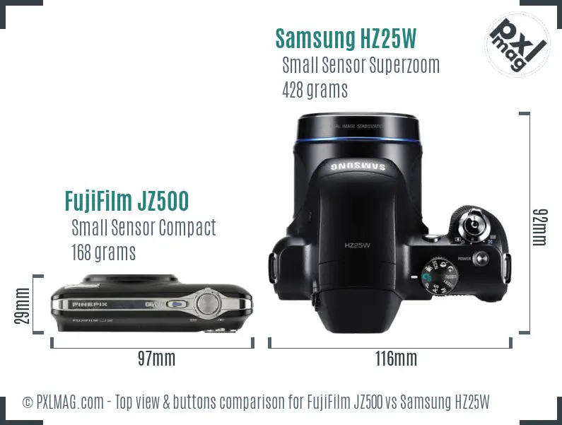 FujiFilm JZ500 vs Samsung HZ25W top view buttons comparison