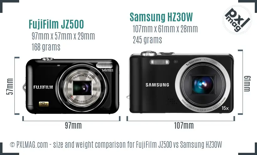 FujiFilm JZ500 vs Samsung HZ30W size comparison